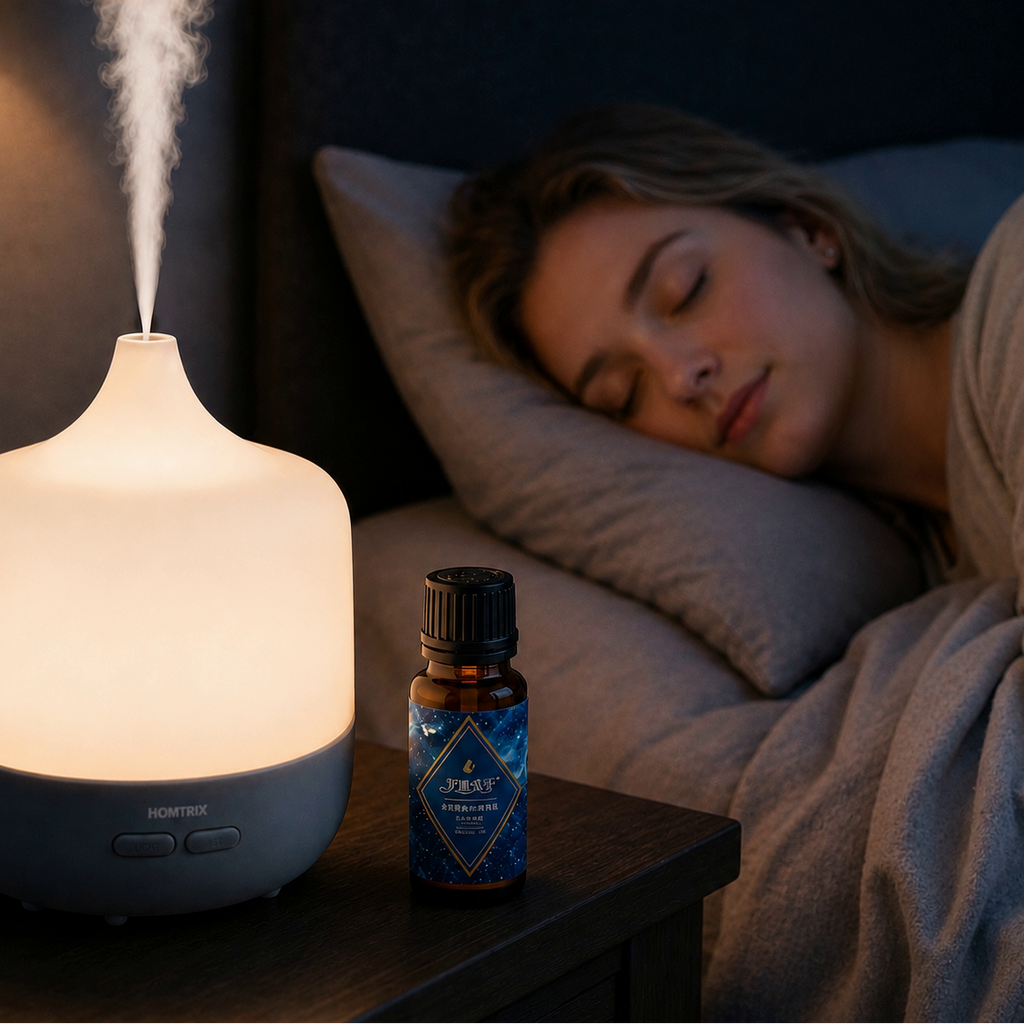 EPRHAN Space Blue Lavender Essential Oil with diffuser in a cozy bedroom sleep ritual