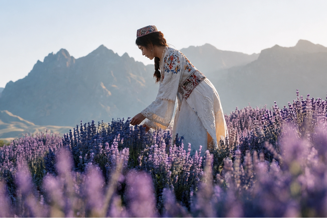 Soft golden hour scenery of vast Xinjiang lavender plantation, ethnic Uyghur lady in traditional embroidered dress tending space-bred lavender blooms, distant mountain range natural origin visual for Iparhan lavender essential oil