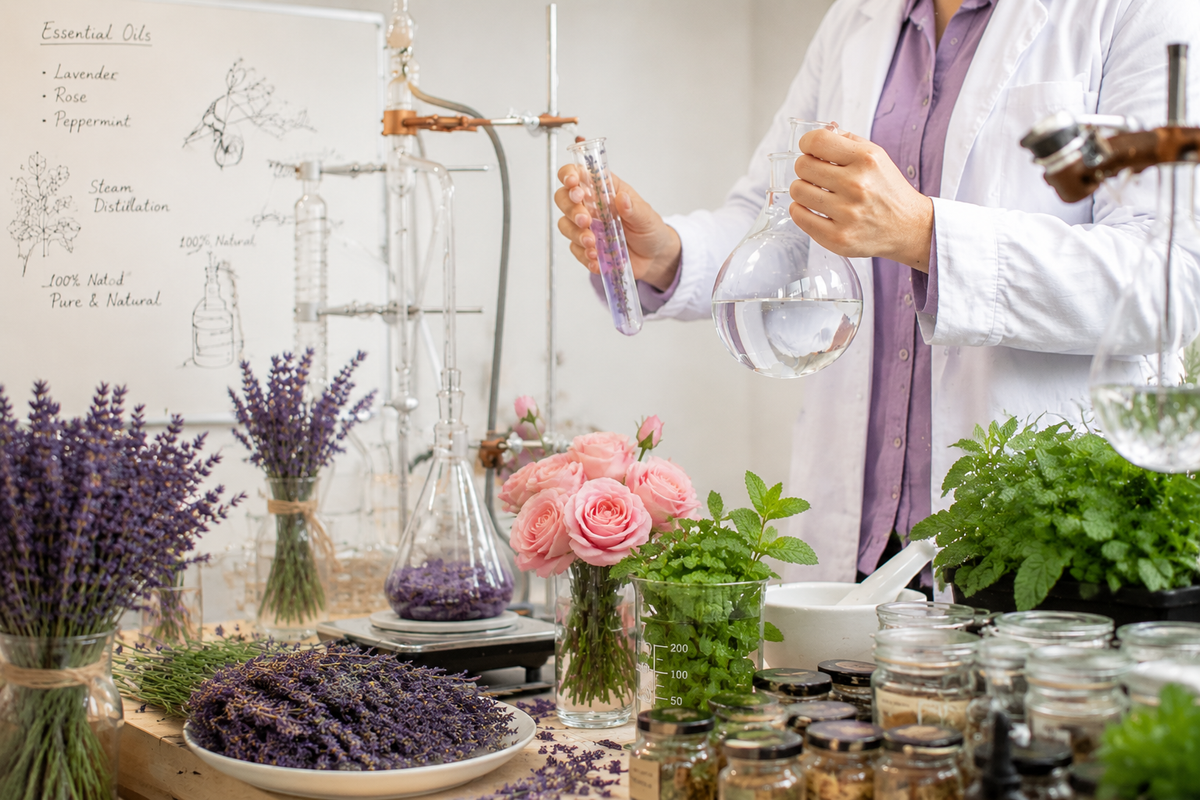Bright laboratory lifestyle shot of scientist operating glass steam distillation apparatus for plant essential oil extraction, fresh lavender bouquets, pink roses and peppermint foliage laid on workbench, whiteboard notes about 100% pure natural aromatic oils, premium herbal cosmetic production photography