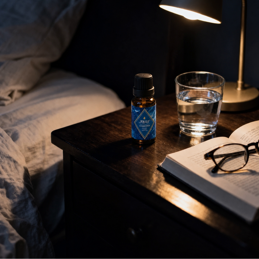 EPRHAN Space Blue Lavender Essential Oil bottle on a bedside table with a book and warm bedroom lighting