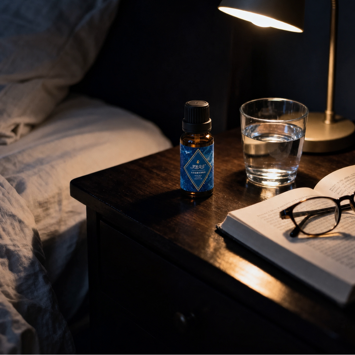 EPRHAN Space Blue Lavender Essential Oil bottle on a bedside table with a book and warm bedroom lighting