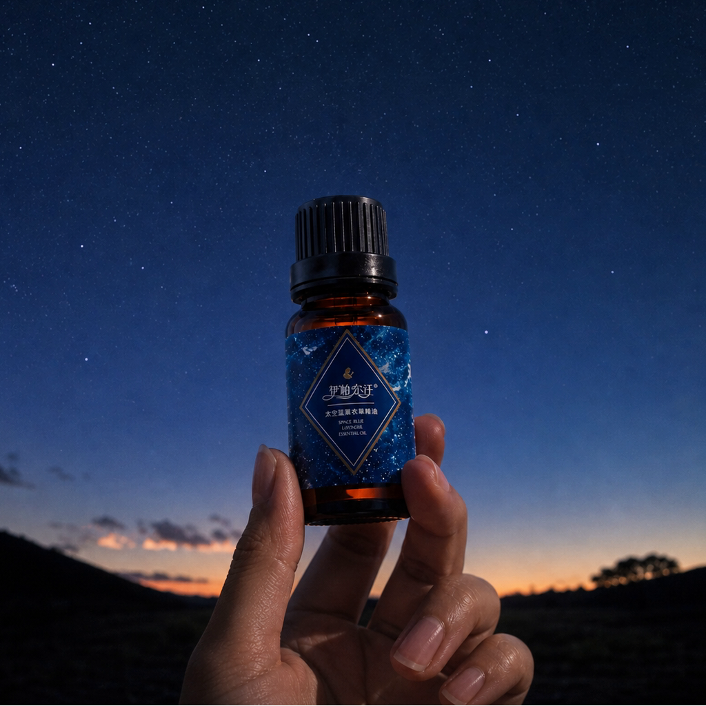 Cinematic twilight shot of a hand holding Iparhan Space Blue Lavender pure essential oil, star-filled night sky and mountain sunset backdrop, starry galaxy label design highlighting space mutation breeding aromatic skincare oil