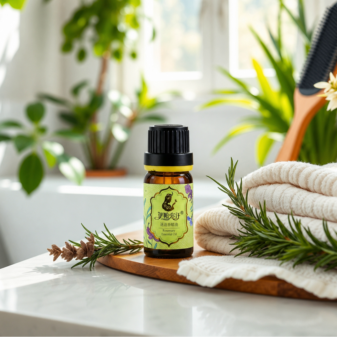 Close-up of Iparhan rosemary essential oil glass bottle placed on wooden board, decorated with fresh rosemary branches and soft folded towels, bright sunlit bathroom window background with green houseplants, organic herbal scalp and hair growth essential oil cosmetic photography