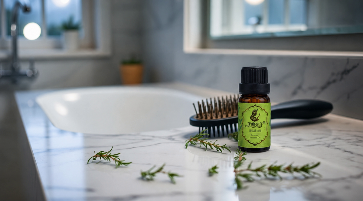 Lifestyle bathroom shot of earhan rosemary essential oil amber glass bottle placed on white marble countertop, paired with black hair paddle brush and fresh rosemary herb branches, blurred bathtub and window background, herbal essential oil for scalp nourishment and hair growth