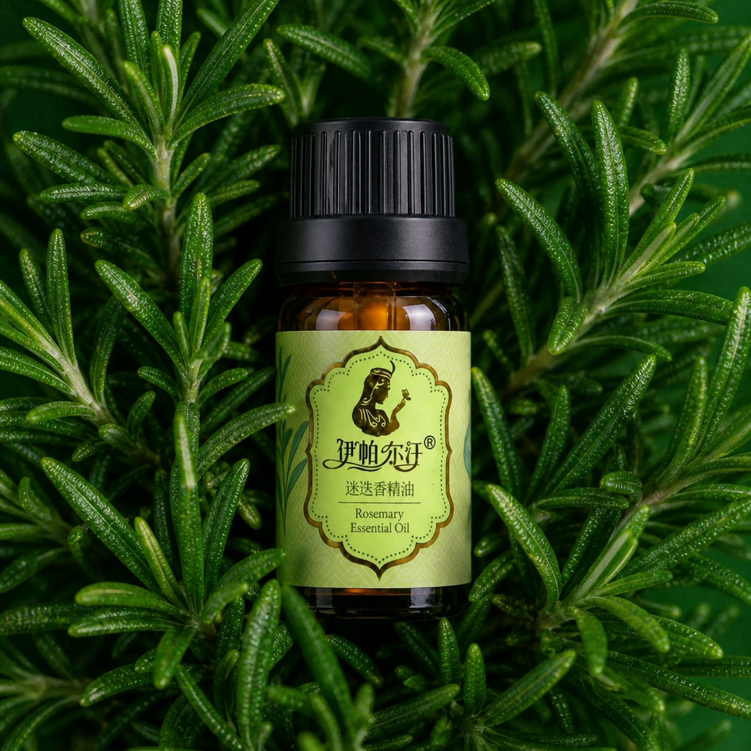 Close-up overhead shot of Iparhan rosemary essential oil small amber bottle nestled among vibrant fresh green rosemary leaves, 100% natural herbal essential oil for scalp nourishment, hair growth and skin massage, organic plant beauty product photography