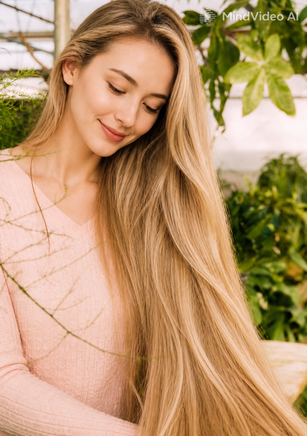 Soft close-up portrait of happy young lady with healthy smooth long golden blonde hair, eyes closed gently, surrounded by fresh green plant leaves, promotional image for rosemary essential oil hair nourishing & repair treatment