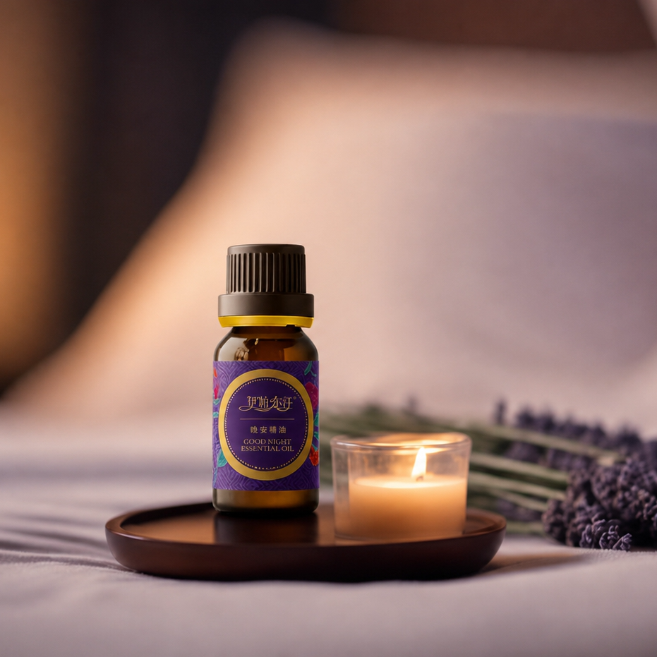 EPRHAN Goodnight Essential Oil bottle with lavender and candle on a cozy bedside table