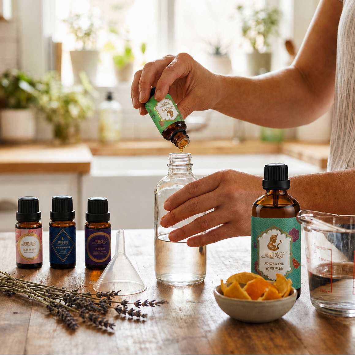 Bright cozy kitchen lifestyle photo of person blending Iparhan premium essential oils, pouring lavender essence into empty glass bottle with glass funnel, jojoba carrier oil bottle, assorted single essential oils, dried lavender sprigs and citrus peel, homemade natural massage oil & aromatherapy skincare craft